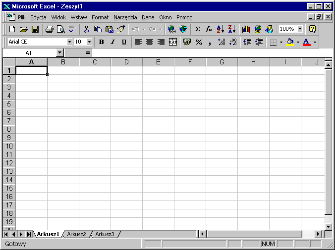 Widok okna programu Excel